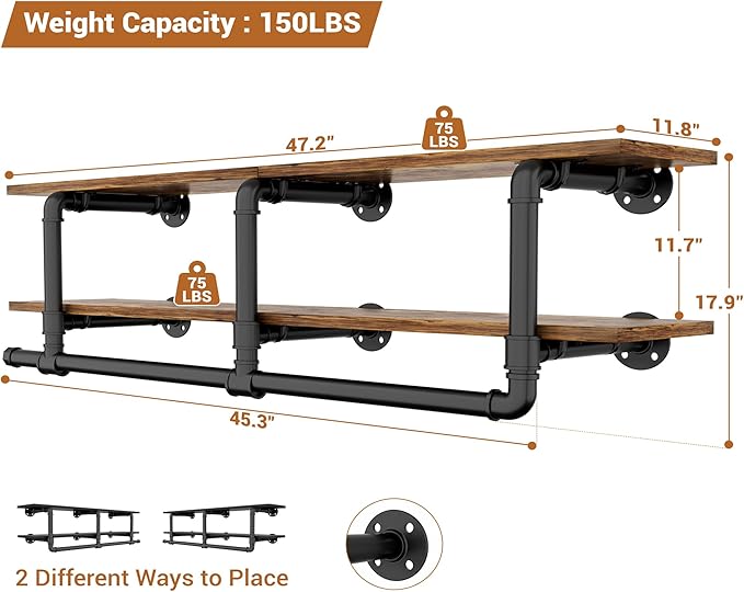 Aheaplus Industrial Pipe Clothes Rack with Top Shelf, 47In Space-Saving Wall Mounted Clothing Rack, 2 Tiers Heavy Duty Pipe Clothing Shelves with Hanging Rod for Laundry Room, Closet, Rustic Brown