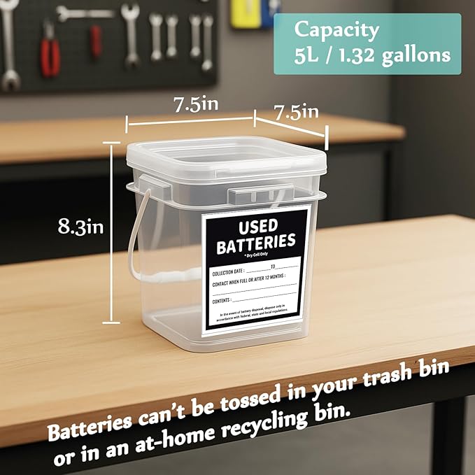 2 Pcs Battery Recycling Container with Battery Testers for Household Batteries, Used Battery Disposal Container with lid for Home Use, Office, Garage, Schools (1.32 Gallon)