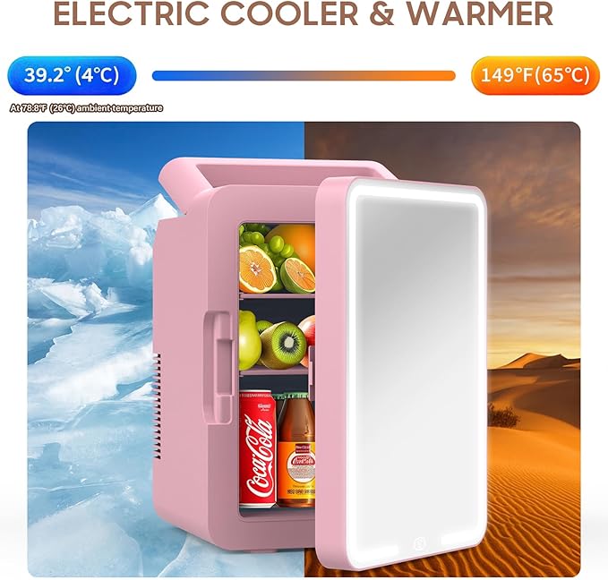 advwin 12L Mini Skincare Fridge with Dimmable LED Light Mirror, Makeup Fridge for Cooler & Warmer, Cosmetics, Beauty, Food & Drinks, Portable Small Refrigerator for Bedroom, Office, Dorm (12L pink)