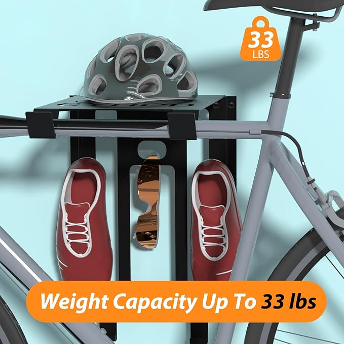 Bike Wall Mount Rack, Wall Bike Rack with Shelf and Hooks, Bike Storage Wall Mount System For Race Bicycles and Mountain Bikes, Space Saving Wall Mounted Hanger for Garage, Store your helmet and shoes