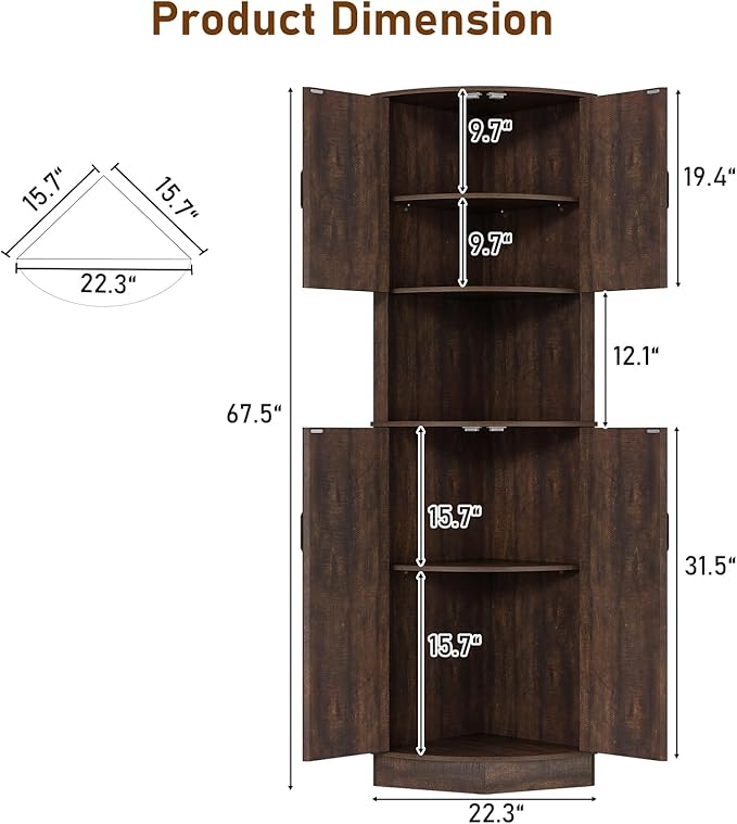 68" Tall Farmhouse Corner Cabinet, Dining Room Storage Cabinet with 4 Barn Doors and 5 Adjustable Shelves, Brown