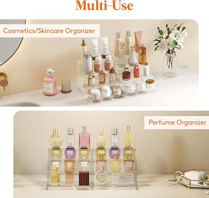 Lifewit 4 Tier Perfume Stand Organizer for Women, Plastic Display Riser, Tool-Free Assembly, Fragrance Makeup Cosmetics Shelf for Vanity Bedroom Bathroom Storage Organization, Clear, 9 Inch, 2 Pcs