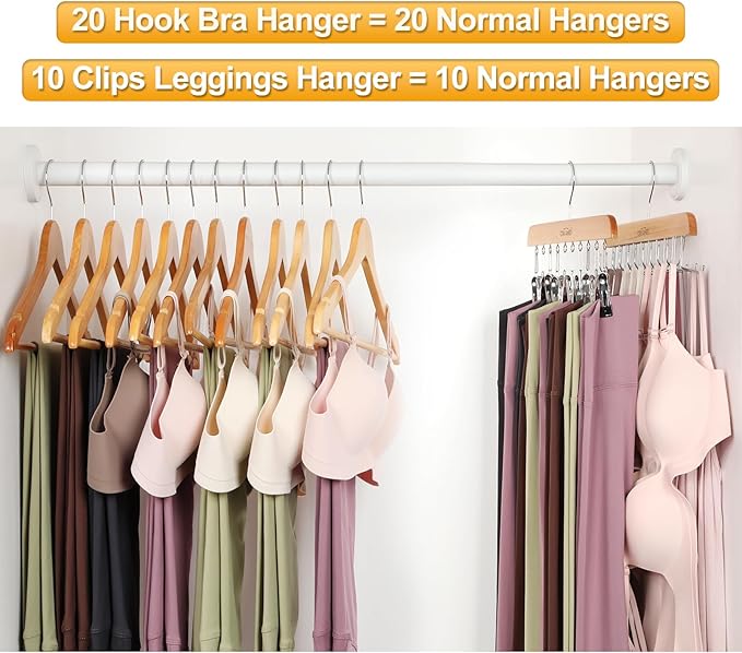 TOPIA HANGER 2 Pack Bra Hanger with 2 Pack Leggings Organizer, 2-in-1 Space Saving Hangers Neatly Store Max 40 Bras and 20 Leggings, Pants Jeans Shorts Skirt Tank Top Hanger for Closet Natural CT77N