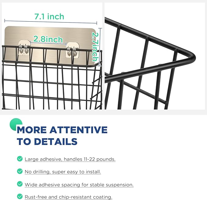 4 Pack Hanging Wall Basket Wire Storage Baskets, Adhesive Basket for Cabinet Door Organizer(2 Wall Mounting Options), Hanging Fruit Baskets for Kitchen, Pantry Organization, Bathroom, Black
