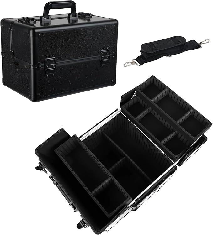 Large Makeup Train Case Cosmetic Organizer Case Makeup Box Portable Make Up Artist Travel Case with 4 Trays with Dividers Lockable Hard Train Case Nail Tech Supply Storage - Starry Black