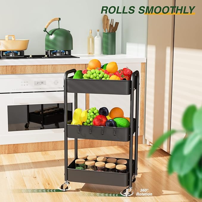 LEHOM 3 Tier Rolling Utility Cart, Metal Trolley Cart with Wheels, Hooks, Easy Assembly Organizer Storage Cart for Bathroom, Kitchen, Office, Bedroom(Black)