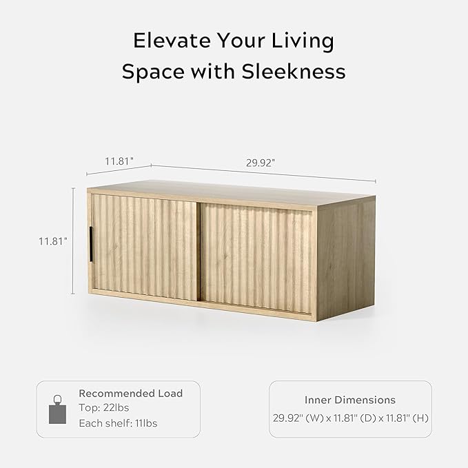 Fluted Floating Nightstand Set of 2 Modern Large TV Stands Wall Mounted Bedside Tables with Sliding Doors Storage Cabinet for Living Room, Bedroom Light Oak