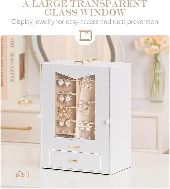 Homde Jewelry Organizer with Transparent Window Necklace Hooks Gift for Women Jewelry Box Display Case for Necklaces Rings Earrings Bracelets and Other Jewelry Accessories (White + Gold)