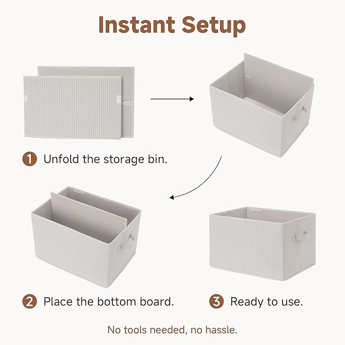 StorageWorks Storage Baskets for Shelves, Foldable Fabric Closet Storage Bins with Handles, Fabric Storage Bins Clothes Organizer, Beige Stripes, 3-Pack, Extra Large