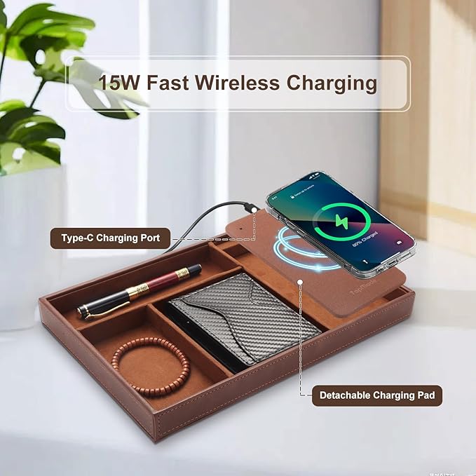 TopMade Valet Tray with Wireless Charging Pad Nightstand Organizer, Leather Desktop Storage Dresser Organizer Charging Station, Jewelry Box Catchall Bedside Vanity Tray for Men Women(Brown)