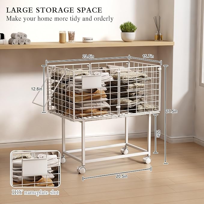 Wire Laundry Hamper, 80L Rolling Laundry Basket Cart on Wheels, Dirty Clothes Basket with Handle, Metal Clothes Hamper Organizer for Laundry Room, Bathroom, Bedroom, Dorm, White