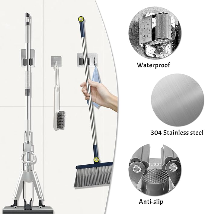 Daily Treasures 6 Pcs Stainless Steel Broom Holder Wall Mount Self Adhesive (with Hook), Adjustable Size Broom and mop Holder, Flexible Freestanding Broom Sticky Back Hooks, Hook Broom Hanger