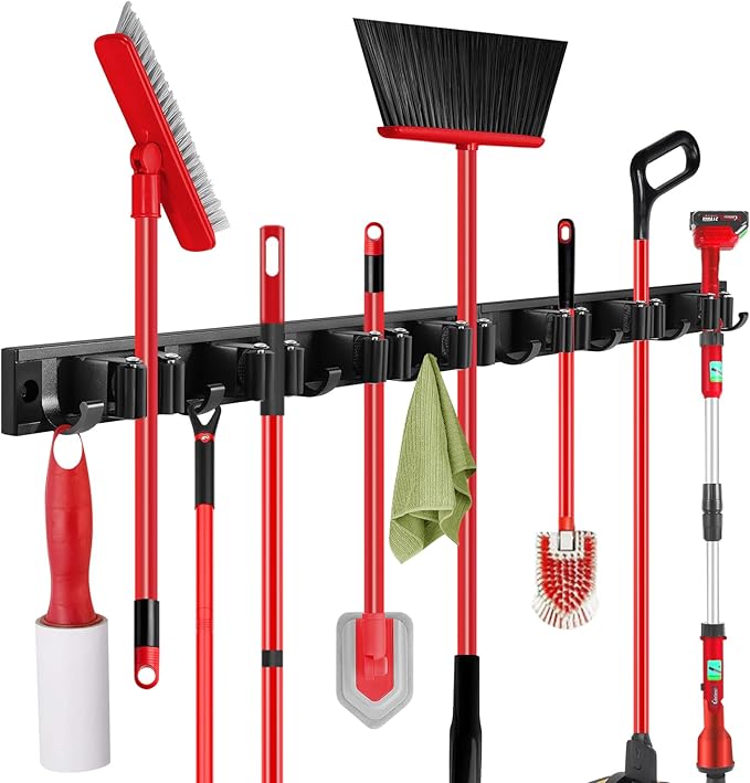 SLIIMU Movable 30'' Broom and Mop Holder Wall Mount with Sliding 7 Racks 8 Hooks, Storage Organizer Wall Hanger, Cleaning Tool Hanging Grippers for Kitchen Bathroom Garden Garage Laundry Home Closet