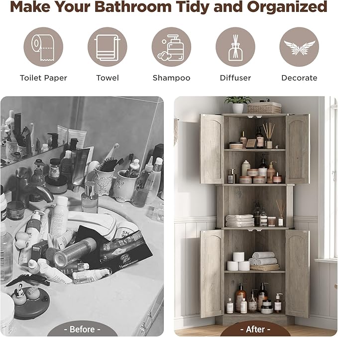 Maupvit Tall Corner Cabinet, Farmhouse Corner Storage Cabinet with 4 Barn Doors and Adjustable Shelves, Storage Pantry Cabinet for Kitchen, Living Room, Laundry Room, Grey