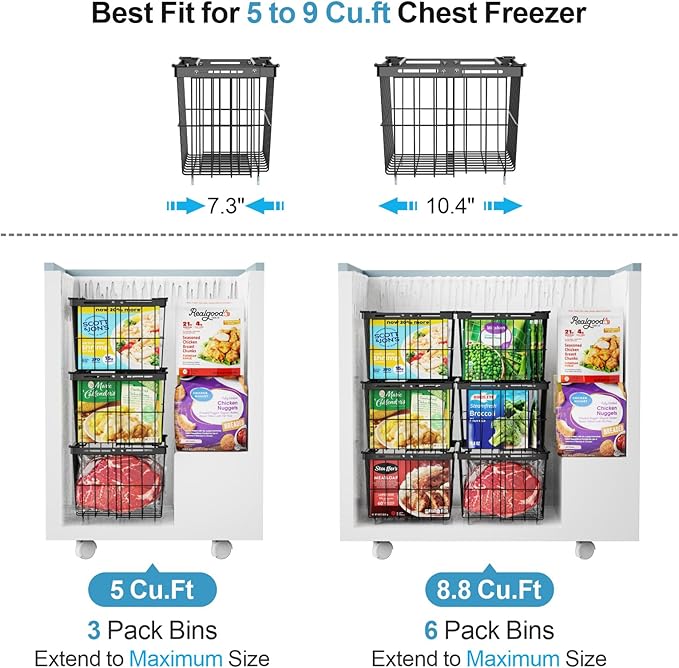 iSPECLE Freezer Organizer Bins - 4 Pack Adjustable & Extra Large Chest Freezer Organizer Bins for 5 to 9 Cu.Ft Deep Freezer, Easy Organize Basket Store More, Stackable No Wasted Space, Black
