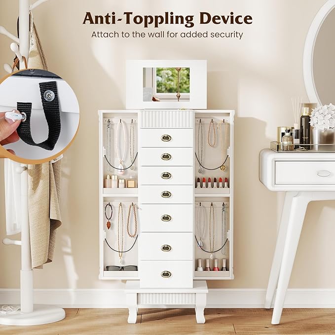Giantex Standing Jewelry Cabinet with 7 Drawers, Flip-Top Mirror, 2 Side Doors with 12 Necklace Hooks, Divided Ring Compartments, Velvet-Lined Jewelry Armoire Organizer Chest (White)