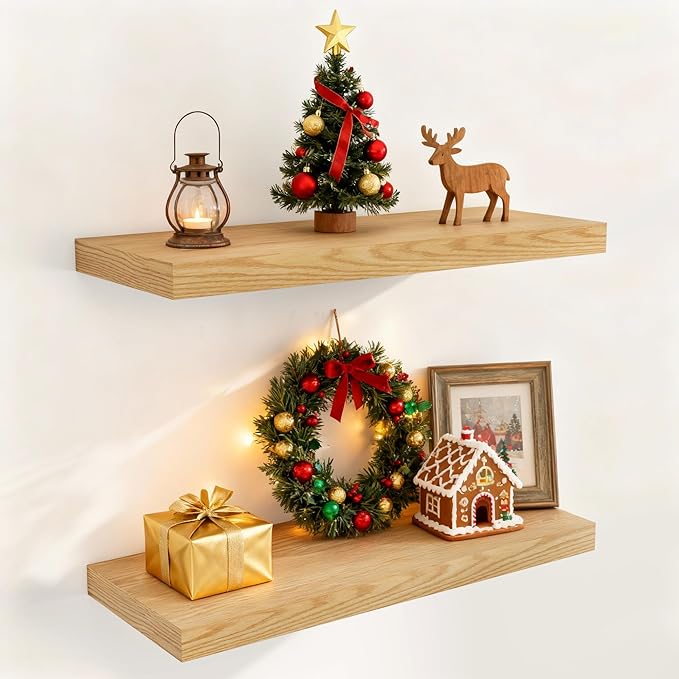 Fun Memories 24 Inch Floating Shelves for Wall 2 Pack for Bedroom|Kitchen|Bathroom, Wall Mounted Rustic Wood Shelves, 9.3 Inch deep Floating Shelf with Invisible Brackets for Books|Storage|Decor,Oak