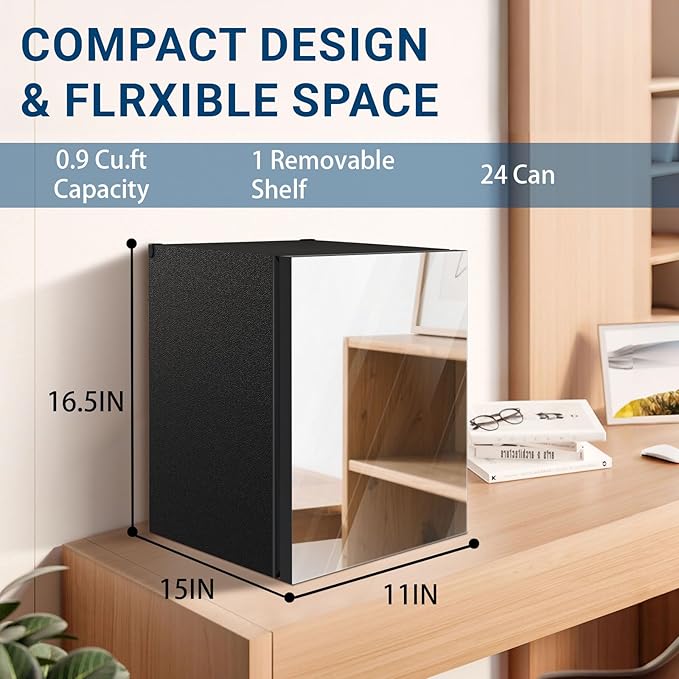 Compact Freestanding Beverage Refrigerator and Skincare Fridge, 0.9 Cu.Ft Mini Fridge Holds 24 Cans with Mirrored Front Door & Temperature Control for Soda, Beer and Beauty Products