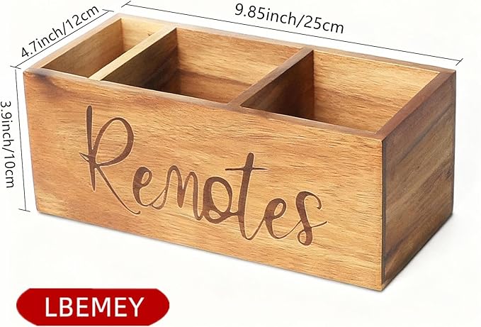 Remote Control Holder Caddy, Acacia Wood TV Remote Holder, Remote Organizer for Table, Vintage Farmhouse Desk Caddy (Brown-for 5+ Remote Controls)