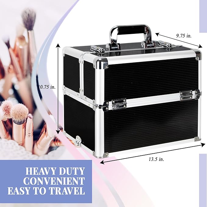 Ver Beauty Makeup Organizer, Cosmetic Travel Kit, Makeup Artist Supplies, 2 Sliding Trays, Lockable Storage Box, Makeup Train Case, Aluminium Case, Lightweight Makeup Vanity (Black Stripes)