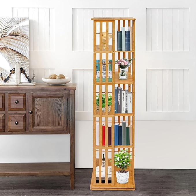 Rotating Bookshelf 5-Tier, 14.57x14.57x59.06in Floor Standing Book Storage Display Rack, Multi-Tiered Organizer for Books, Wood Color Rotatable Bookshelf for Study Rooms, Bedrooms, Living Rooms