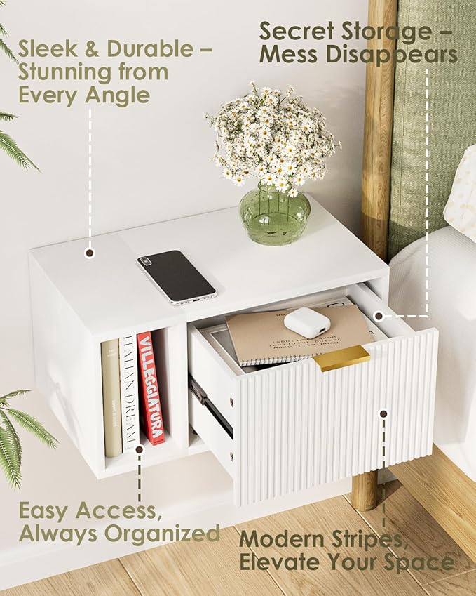 Masupu Floating Nightstand, Wall Mounted Floating Bedside Table with Storage Drawer and Open Shelf, Modern Bedroom Nightstand, 19.3" x 11.4" x 10", White