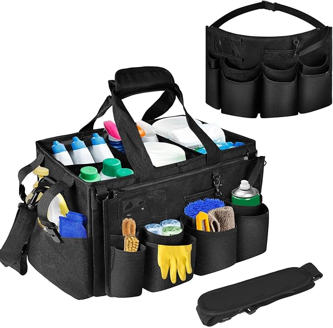 Boczif Cleaning Caddy Bag Wearable, Cleaning Caddy Supplies Organizer with Handle, Shoulder Straps & Detachable Divide, Cleaning Tool Organizers Tote Bag for Cleaners & Housekeepers（Black）
