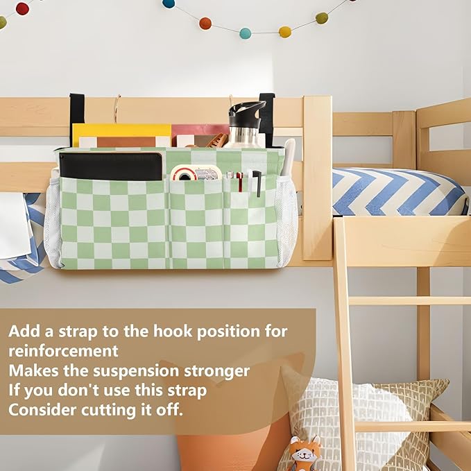 Checkered Mint Green and White Bedside Caddy for Dorm Bed Bedside Hanging Caddy Bag Iron Frame Storage Organizer Pocket for Bunk Home College Hospital Beds 2 Hooks
