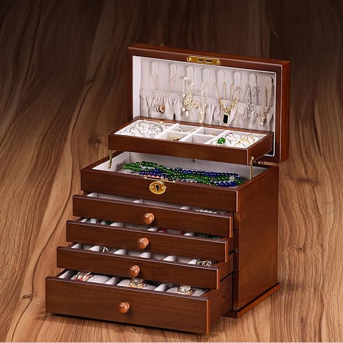 Vintage Wooden Jewelry Box with Dual Key Lock, Carved Top, Necklace Hooks – Antique Jewelry Organizer for Dresser Tabletop, Jewelry Storage Boxes for Women