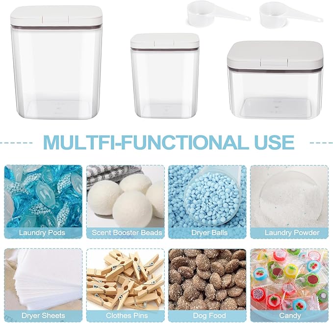 3 Pack Laundry Powder Containers & Dryer Sheet Holder with Lids & Labels - Airtight Laundry Room Organization and Storage Jars for Pods, Scent Beads, Balls, Detergent