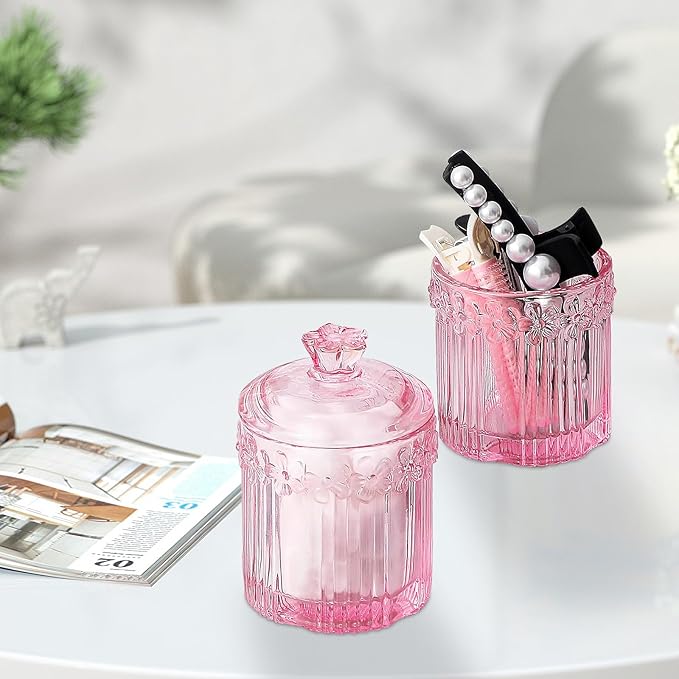 Pink Qtip Cotton Ball Hair Ties Candy Holder Makeup Storage Bathroom Accessories Organizer Thick Glass Apothecary Jars with Lid, 2pcs