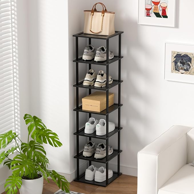 Bamboo Free Standing Shoe Rack Shelf Multi Tier Tall Wooden Stackable Shoes Rack Organizer for Closet Front Door Entrance Narrow Vertical Shoe Storage Rack for Corner Stand (Black, 7 Tiers)