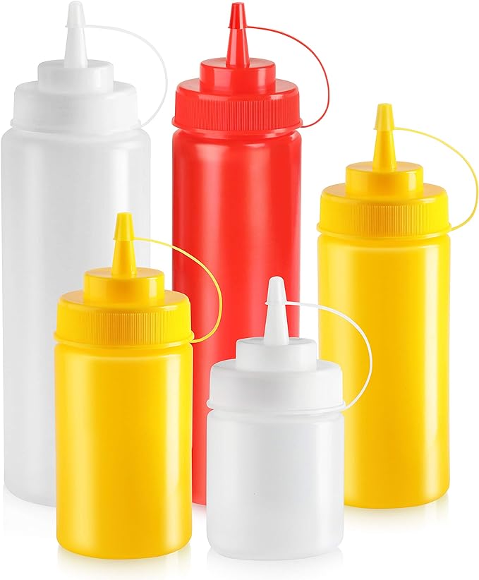 New Star Foodservice 26528 Plastic Squeeze Bottles with Cap and Scale, Wide Mouth, 16 oz, Yellow, Pack of 6