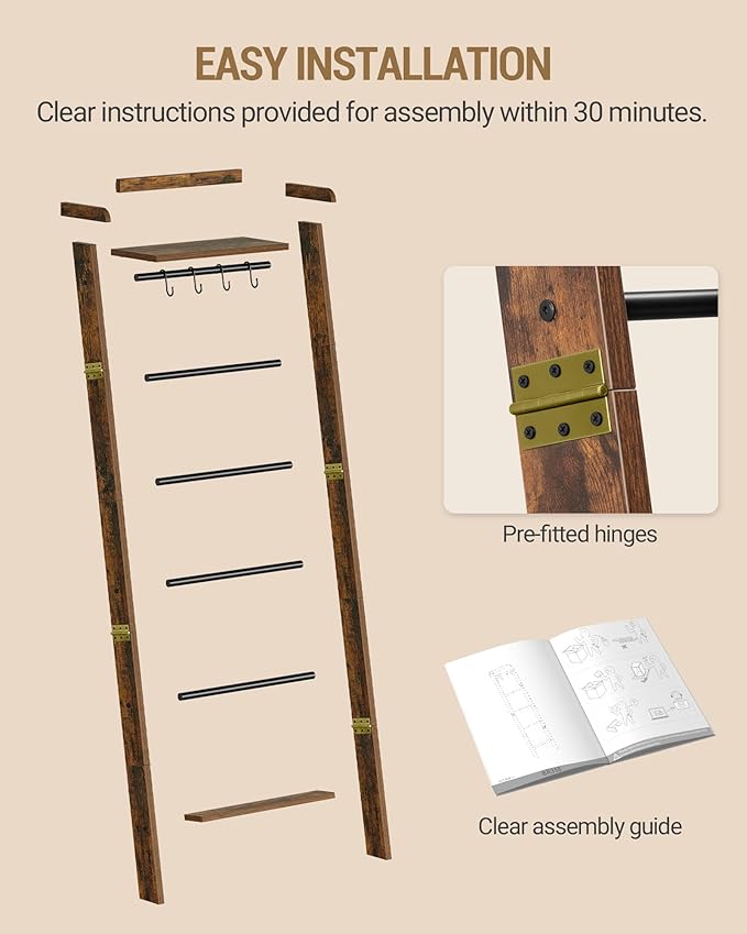 Blanket Ladder Shelf, Decorative Quilt Rack, 7-Tier Farmhouse Ladder Holder Organizer with 4 Removable Hooks, Rustic Brown BR36801B