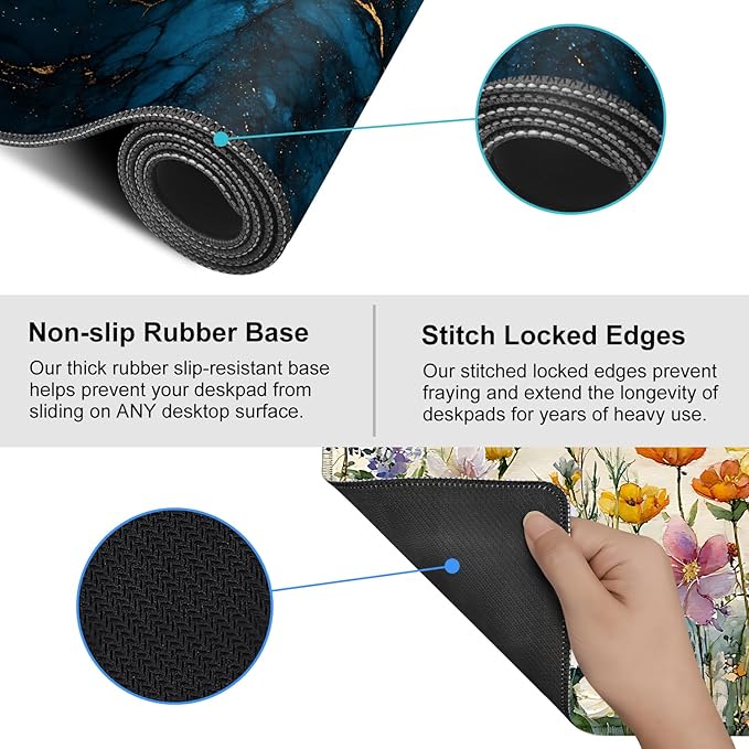 Blue Marble Gold Vein Mouse Pad – Large Extended Desk Mat 35.43 x 15.75 in – Elegant Navy Ink Texture with Metallic Cracks, Keyboard & Mouse Pad for Office & Gaming