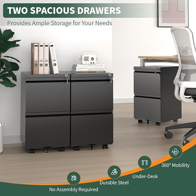 2 Drawer File Cabinet with Lock,Under Desk Rolling Small Filing Cabinet for Home Office Storage, Mobile Steel Cabinets with Wheels, Fully Assembled, Black
