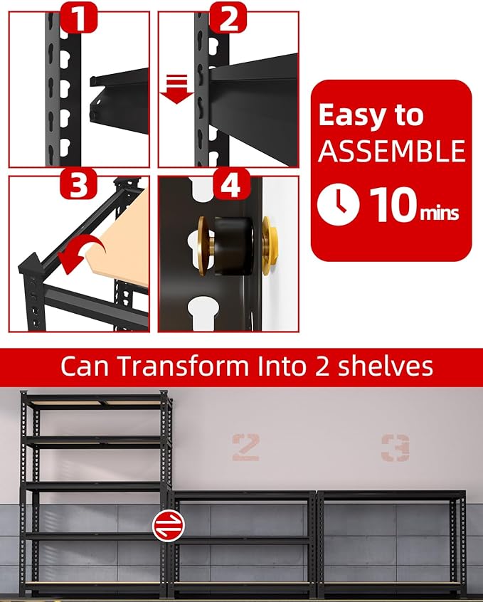 PrimeZone 35.5" x 12" x 72" Heavy Duty Storage Shelves - 5 Tier Adjustable Garage Storage Shelving, Metal Storage Utility Rack Shelf Unit for Warehouse Pantry Closet Kitchen, Black, 4 Pack