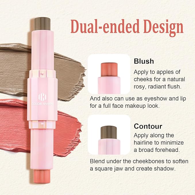 Color Nymph Cream Blush Contour Stick, Double-end Makeup Stick Multiuse Blush Butter Bronzer For Cheeks Eyes Lip Matte Finish Vegan & Cruelty-Free - 02# Brandy Peach