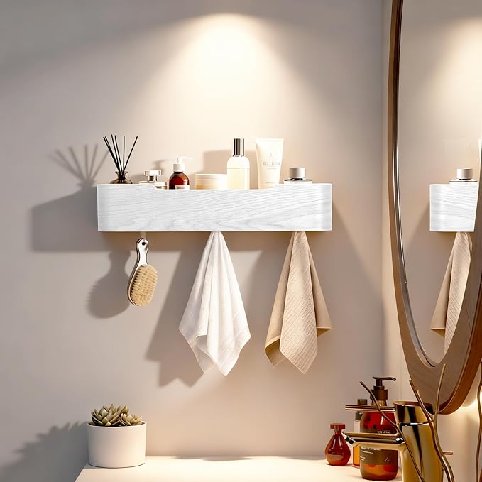 Wall Coat Rack Floating Shelves Modern Coat Rack Wall Mount with Storage Entryway Shelf Wooden Hanger 20 Inch 4 Hidden Metal Hooks for Living Room Bedroom (White, 4 Hooks)