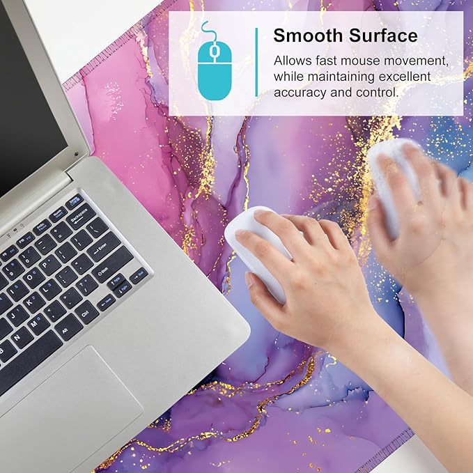 Purple Marble Ink Mouse Pad – Large Extended Desk Mat 35.43 x 15.75 in – Alcohol Ink Watercolor with Gold Vein Design, Non-Slip Base, Waterproof Surface, Aesthetic Keyboard & Mouse Pad