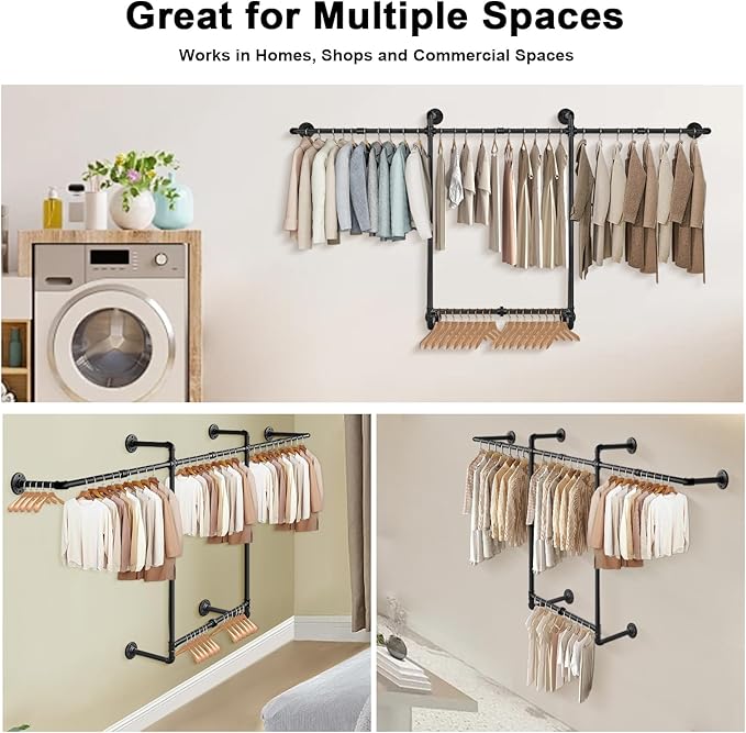 Livabber Industrial Pipe Clothes Rack, Heavy Duty Detachable Iron Garment Rack Wall Mounted, Rustic Saving Space Clothes Bar Multi-Purpose Hanging Rod for Bedroom, Closet, 2 Tier, Black (82 Inch)