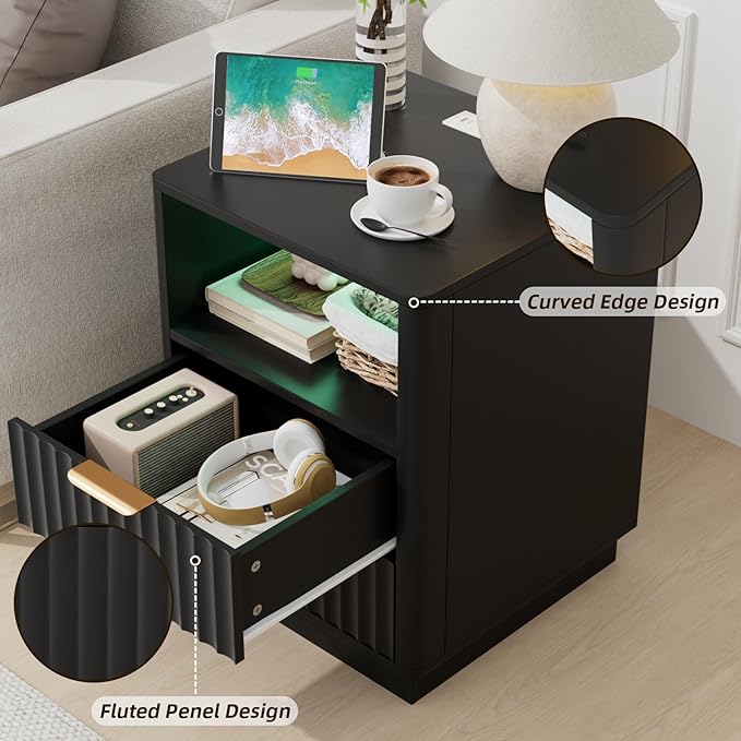VOWNER Fluted Nightstand with Charging Station, 18” RGB Night Stand with 2 Drawers, End Table with Storage Shelf, Curved Profile Design Side Table, Bedside Table for Bedroom Living Room, Black