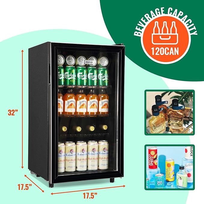 WANAI Mini Fridge Glass Door 120 Cans Beverage Refrigerator Small Wine Cooler Clear Front Drinks Fridge for Soda Beer Bar Home Office with 7 Thermostat LED Lights