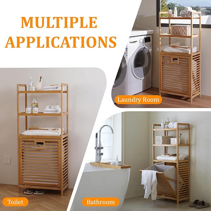 Bamboo Laundry Hamper with 3 Tier Shelves & Tilt Out Basket, Laundry Baskets Organizer Hampers Bathroom Storage Shelf for Laundry Room, Bathroom, Guest Room（3-Tier, Large）