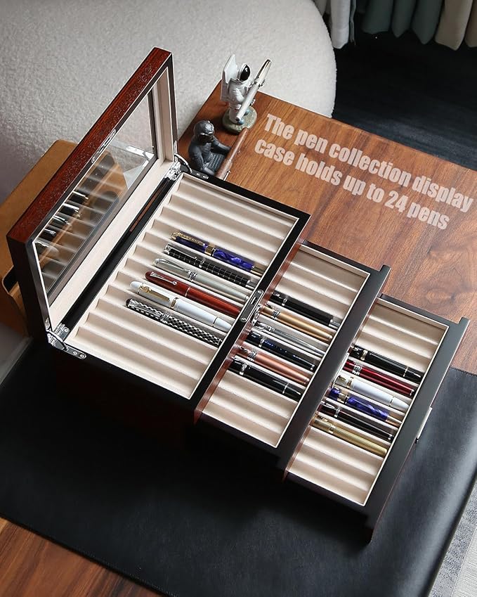 wood pen display case 36 slot Fountain pen Box storage Organizer with drawer, Top Glass Window Pen Collection Display Case
