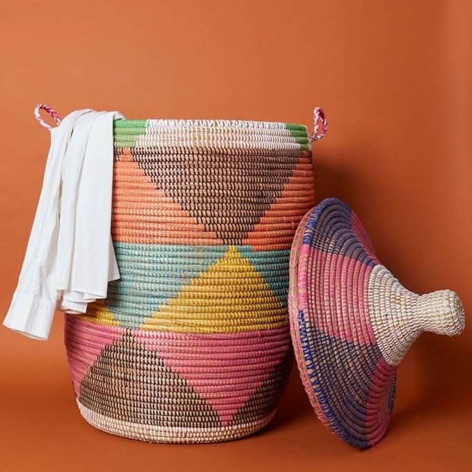 Tall Large Decorative Wicker Storage Basket with Lid, Laundry Hamper, Blanket Storage, Toys Bin, Clothes Holder, Boho Style (Colorful Triangles)