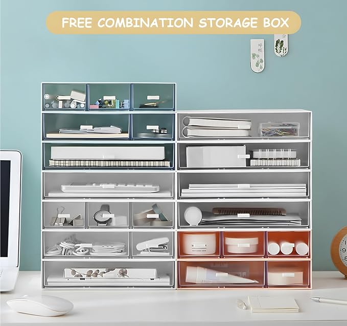 Desktop Organiser with 5 Drawers, Stackable Plastic Storage Box on Desk, Small Drawers Storage Unit for Home Collection, Cosmetics, Office Supplies (2 Flat Layers, Pink)