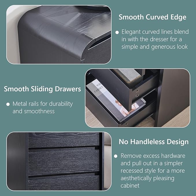 25" Tall Modern Nightstand Set of 2, 23.6" Wide Wood Bedside Table with Charging Station, 3 Storage Drawers Side Table w/Curved Profile Design, End Table for Bedroom, Black