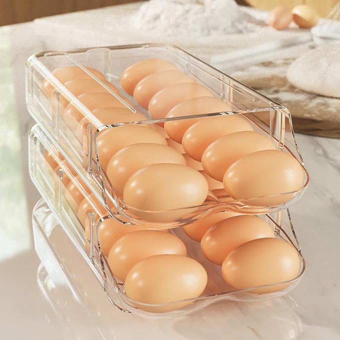 theaoo Egg Holder for Fridge, Automatic Rolling Egg Container for Refrigerator, Clear Plastic Egg Dispenser, Stackable Eggs Organizer with Quick Removable inner Tray For Organizers and Storage, 2Pack