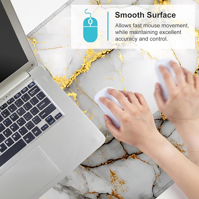 White Marble Mouse Pad – Large Extended Desk Mat 35.43 x 15.75 in – Elegant Gold Vein Design, Non-Slip Rubber Base, Waterproof Surface, Keyboard & Mouse Pad for Office, Gaming, Home Decor